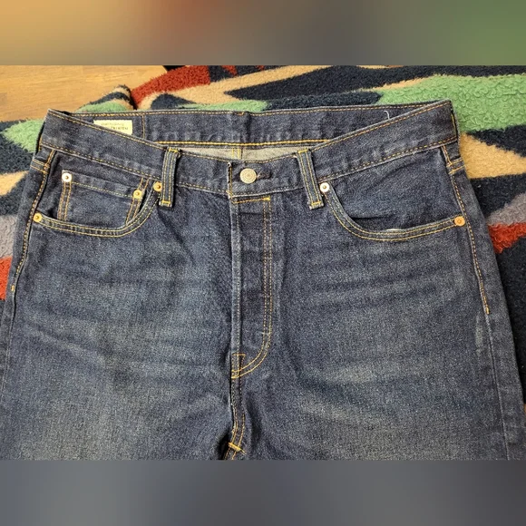 Levi’s 501 Premium Big E Jeans Mens 35x32 Blue Denim Button Fly Dark Wash - Picture 2 of 11